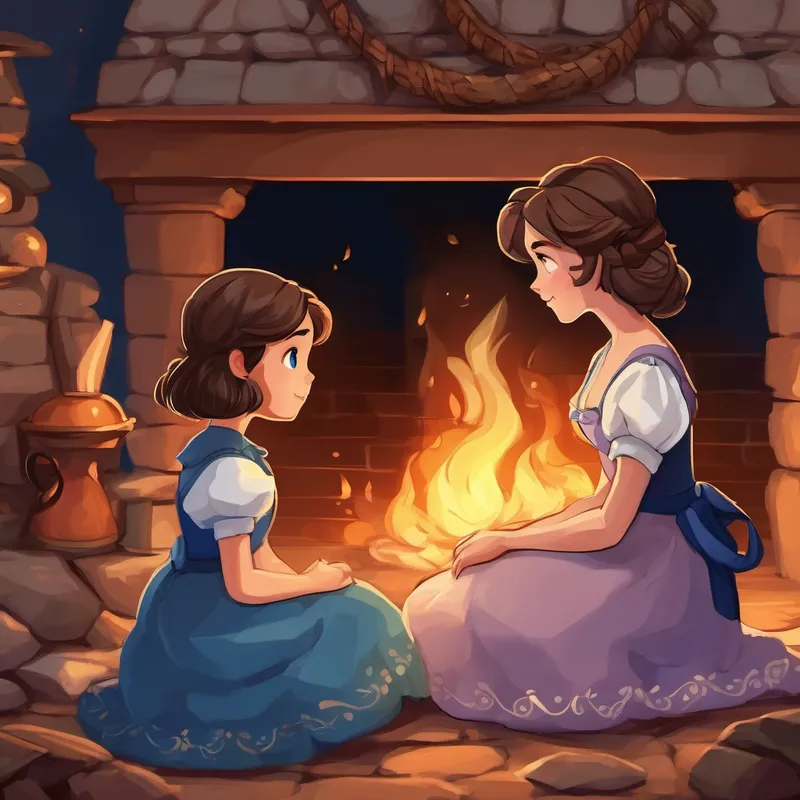 Brown hair, blue eyes, kind-hearted, wearing rags sitting by the fireplace, surrounded by cinders, wearing rags, stepmother and stepsisters looking mean