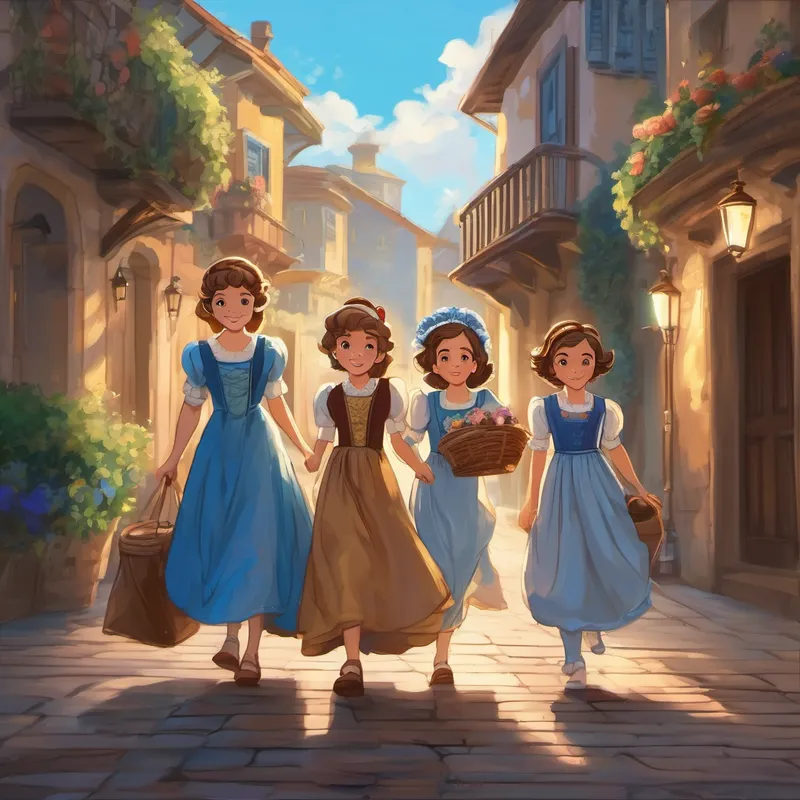 Brown hair, blue eyes, kind-hearted, wearing rags sweeping the floor, stepmother and stepsisters leaving for a party with fancy dresses