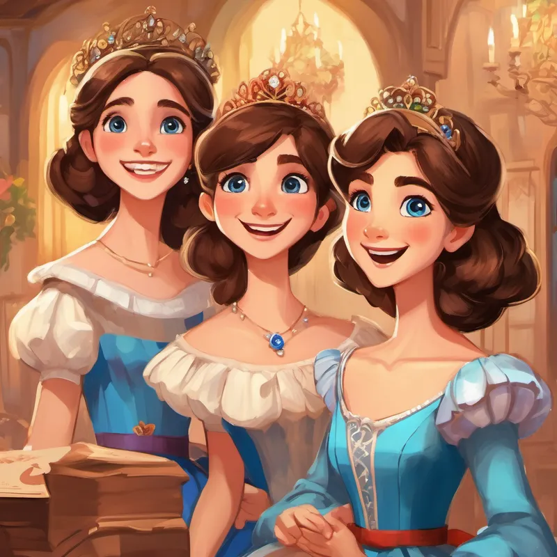 Brown hair, blue eyes, kind-hearted, wearing rags holding the invitation, stepmother and stepsisters looking excited and trying on fancy dresses