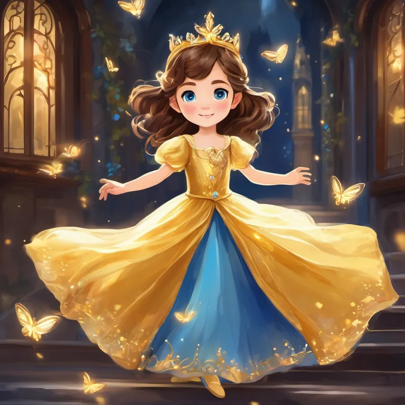 Brown hair, blue eyes, kind-hearted, wearing rags with the magical fairy, dressed in a golden gown with glass slippers and a tiara