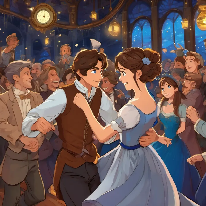 Brown hair, blue eyes, kind-hearted, wearing rags dancing with the prince, surrounded by other guests, clock in the background showing midnight