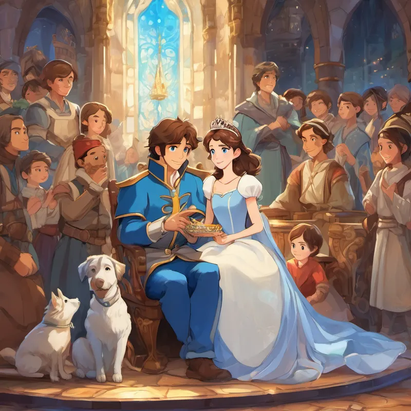 Brown hair, blue eyes, kind-hearted, wearing rags and the prince sitting together, surrounded by the kingdom's people, holding the glass slipper