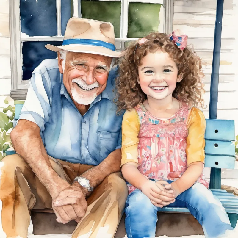 Brown bolt granddad with a big smile and kind eyes and Gracie, a happy granddaughter with curly hair and bright blue eyes sitting on a porch swing, smiling and laughing