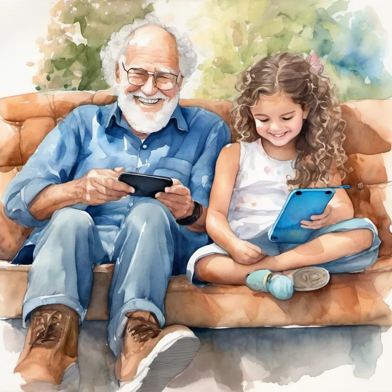 Brown bolt granddad with a big smile and kind eyes and Gracie, a happy granddaughter with curly hair and bright blue eyes sitting side by side, holding their phones with big smiles