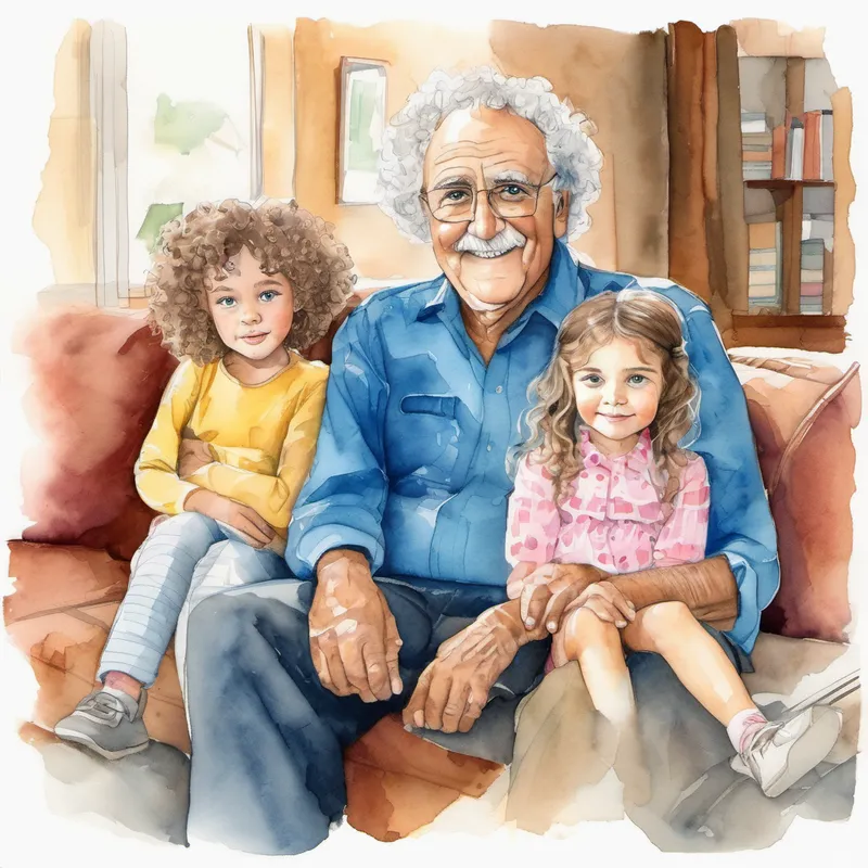Gracie, a happy granddaughter with curly hair and bright blue eyes sitting on the couch, looking sad. Brown bolt granddad with a big smile and kind eyes sitting next to her, looking concerned