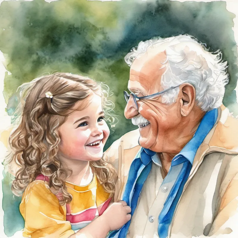Brown bolt granddad with a big smile and kind eyes and Gracie, a happy granddaughter with curly hair and bright blue eyes holding hands, smiling at each other