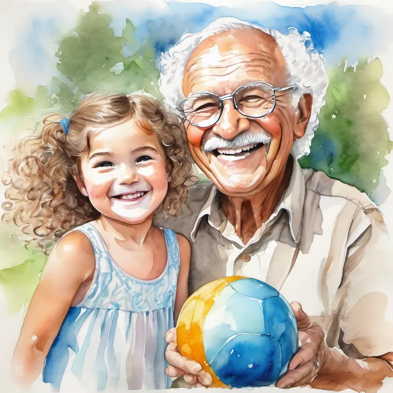 Brown bolt granddad with a big smile and kind eyes and Gracie, a happy granddaughter with curly hair and bright blue eyes smiling, throwing a ball and laughing