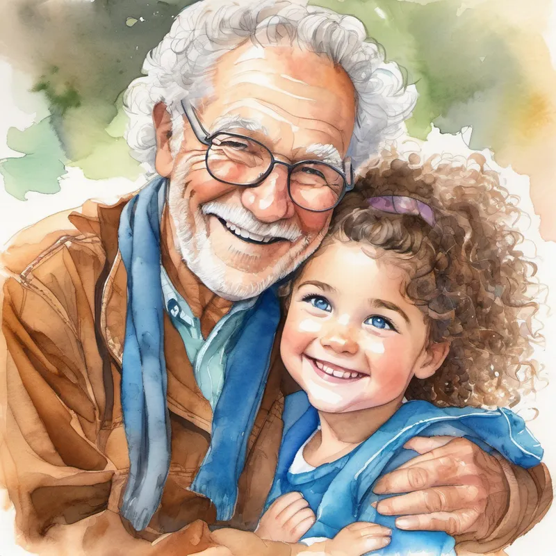 Brown bolt granddad with a big smile and kind eyes and Gracie, a happy granddaughter with curly hair and bright blue eyes hugging tightly, with big smiles on their faces