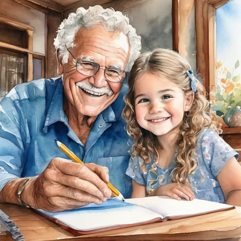 Brown bolt granddad with a big smile and kind eyes and Gracie, a happy granddaughter with curly hair and bright blue eyes sitting together, phones on a table, smiling and looking happy