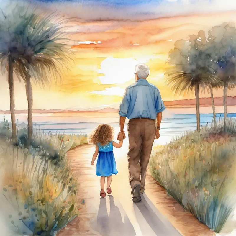 Brown bolt granddad with a big smile and kind eyes and Gracie, a happy granddaughter with curly hair and bright blue eyes walking hand in hand towards a beautiful sunset