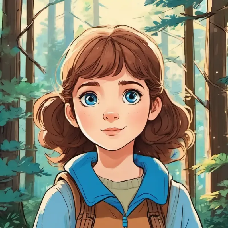 Young girl, fair skin, wide blue eyes, brown hair's love for exploration, forest exterior