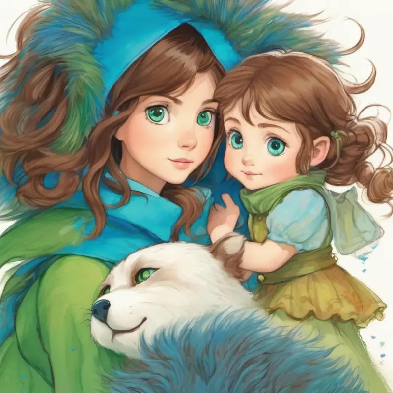 Young girl, fair skin, wide blue eyes, brown hair's insight, bond with Fluffy blue creature, large curious green eyes