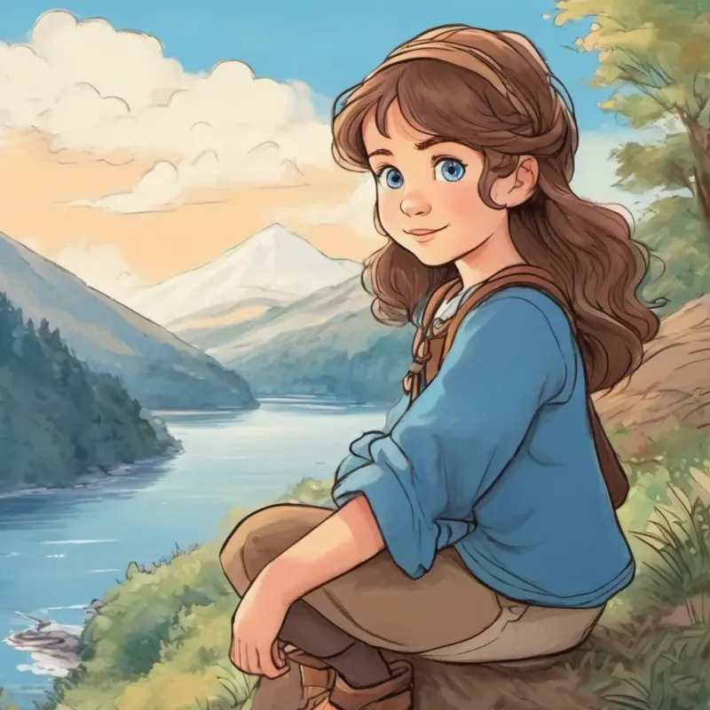 Young girl, fair skin, wide blue eyes, brown hair preparing, beginning of adventure