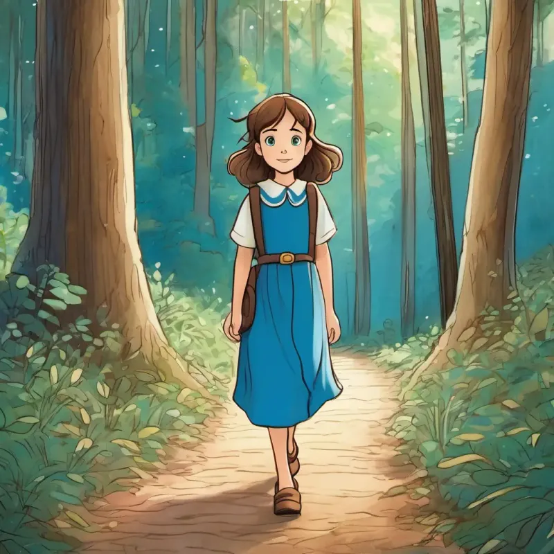 Young girl, fair skin, wide blue eyes, brown hair's journey, forest path