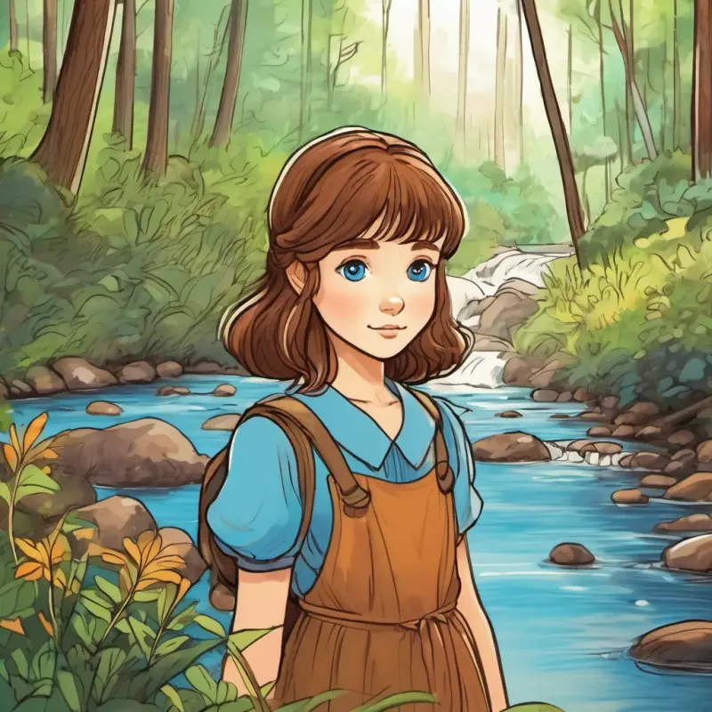 Young girl, fair skin, wide blue eyes, brown hair at the stream, forest clearing