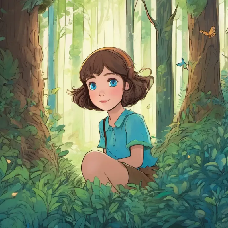 Young girl, fair skin, wide blue eyes, brown hair meets Fluffy blue creature, large curious green eyes, forest sprite encounter