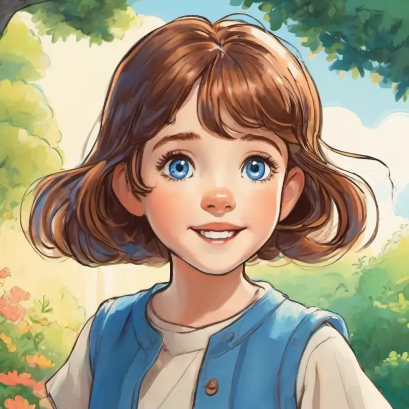 Young girl, fair skin, wide blue eyes, brown hair's excitement, first interaction
