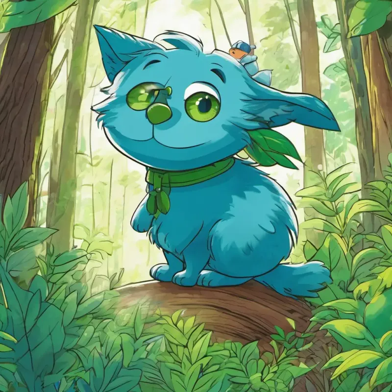 Adventures with Fluffy blue creature, large curious green eyes, forest exploration