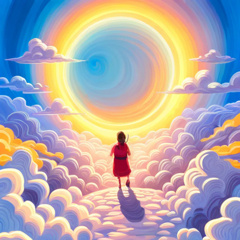 Criatura con pies ligeros y corazón grande, color dorado y celeste, con un halo brillante. guiando a un viajero por un sendero en las nubes