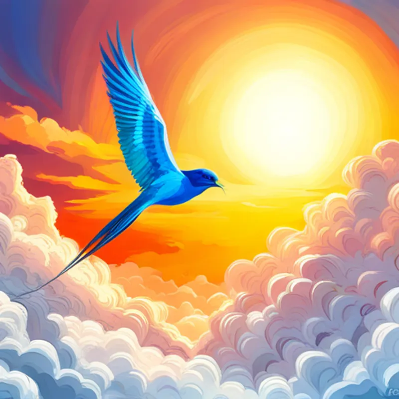 Pequeño pájaro de colores brillantes, con plumas suaves y ligeras. volando por el sendero de nubes creado por Criatura con pies ligeros y corazón grande, color dorado y celeste, con un halo brillante.