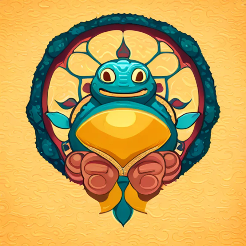 Criatura con pies ligeros y corazón grande, color dorado y celeste, con un halo brillante. guiando a una tortuga de vuelta al océano