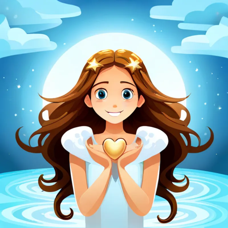 Criatura con pies ligeros y corazón grande, color dorado y celeste, con un halo brillante. encontrando a Niña de cabello oscuro y ojos brillantes, con una sonrisa cálida y un vestido estrellado. junto al río de estrellas