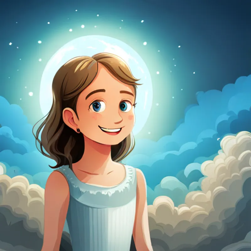 Criatura con pies ligeros y corazón grande, color dorado y celeste, con un halo brillante. guiando a Niña de cabello oscuro y ojos brillantes, con una sonrisa cálida y un vestido estrellado. por un sendero de nubes luminosas