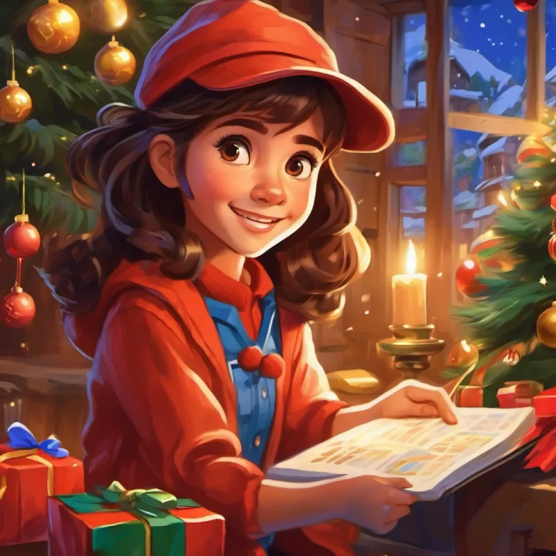 A spirited, curious girl with brown eyes and tanned skin eager for adventures is thrilled to embark on a treasure hunt filled with promise.