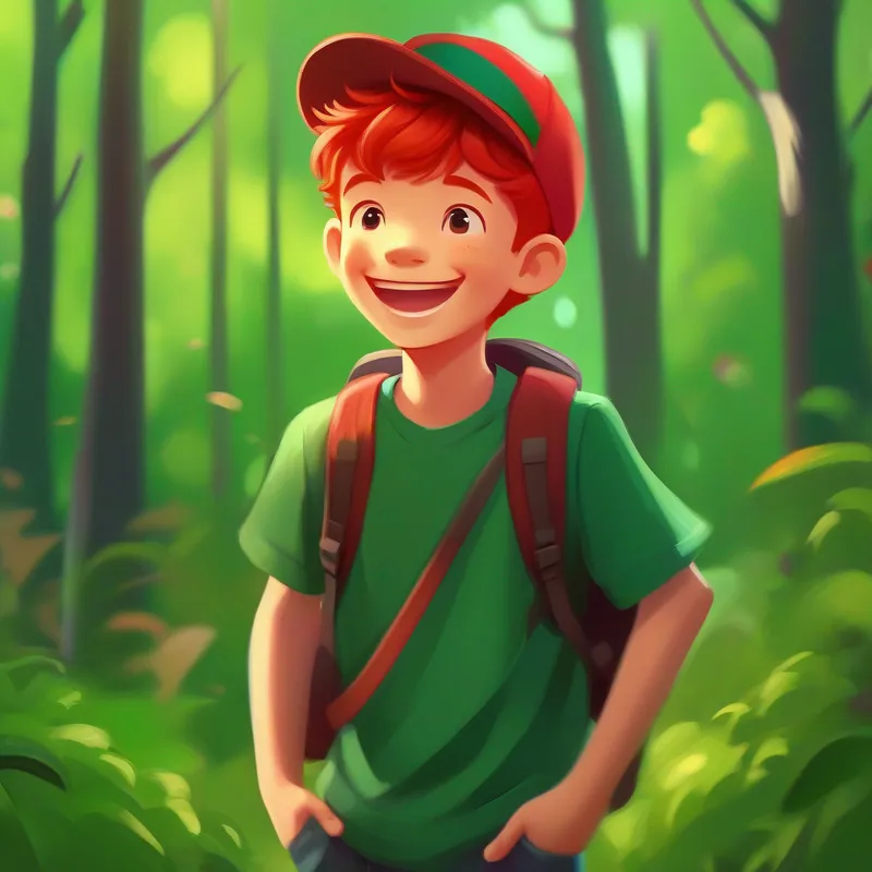 Cheerful boy with floppy red hair and a green hat with a big smile, standing in the forest