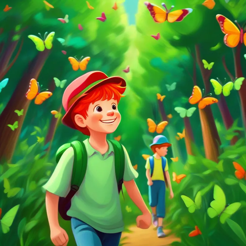 Cheerful boy with floppy red hair and a green hat walking between tall green trees with colorful butterflies