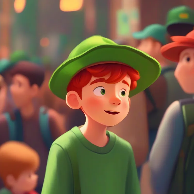 Cheerful boy with floppy red hair and a green hat looking around with a worried expression