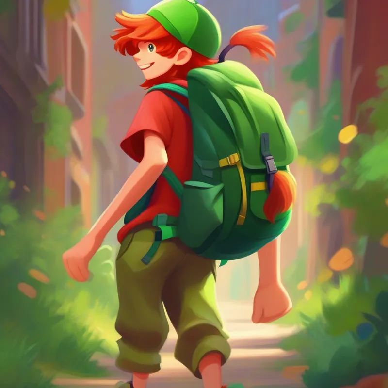 Cheerful boy with floppy red hair and a green hat with his hands on his hips, wearing a backpack