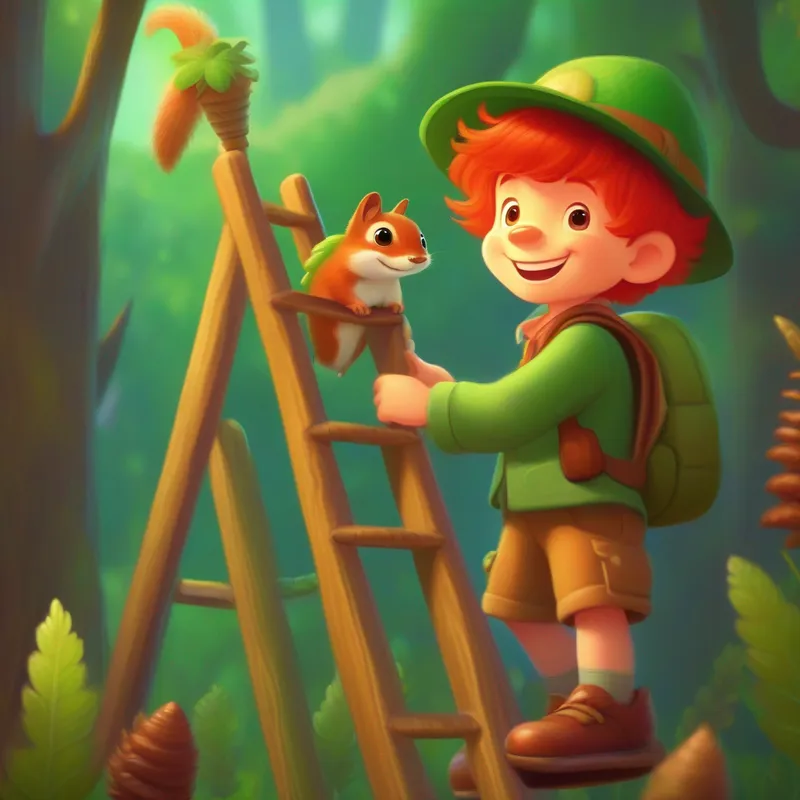 Cheerful boy with floppy red hair and a green hat pointing up at the Furry little creature with bushy tail and acorn necklace, holding a small ladder