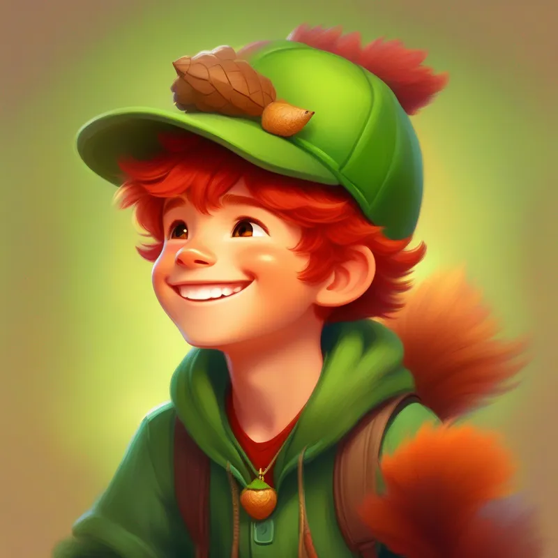 Cheerful boy with floppy red hair and a green hat with a triumphant smile, Furry little creature with bushy tail and acorn necklace happily sitting on his shoulder