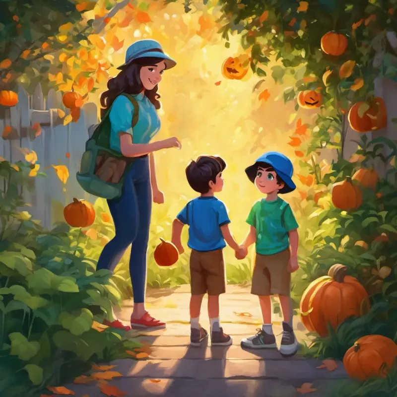 Page 1: A young girl with dark hair and bright blue eyes She loves wearing colorful dresses and A little boy with light brown hair and sparkling green eyes He wears a cap and enjoys wearing superhero shirts playing in their backyard, discovering a light under the plants
