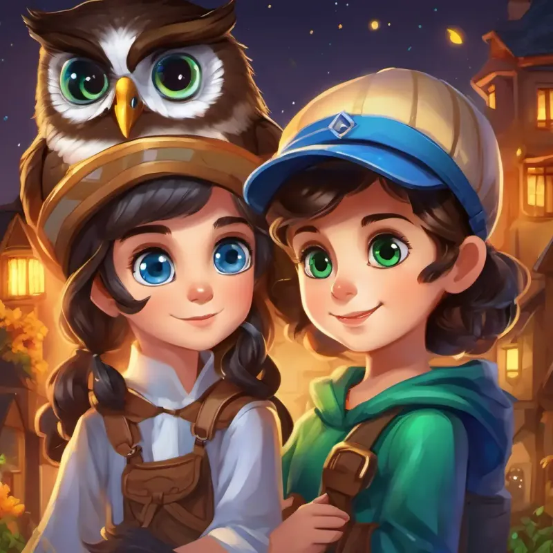 Page 3: A young girl with dark hair and bright blue eyes She loves wearing colorful dresses, A little boy with light brown hair and sparkling green eyes He wears a cap and enjoys wearing superhero shirts, and the An owl with gray and white feathers It has large, wise-looking eyes, embarking on an adventure to find the hidden treasure