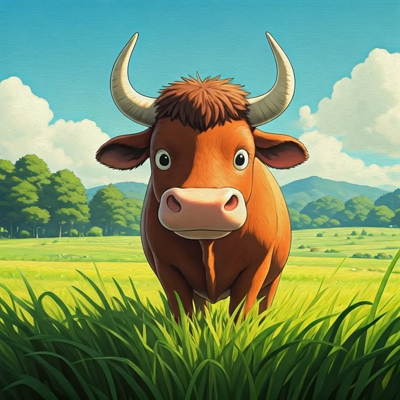 A friendly ox standing in a green field
