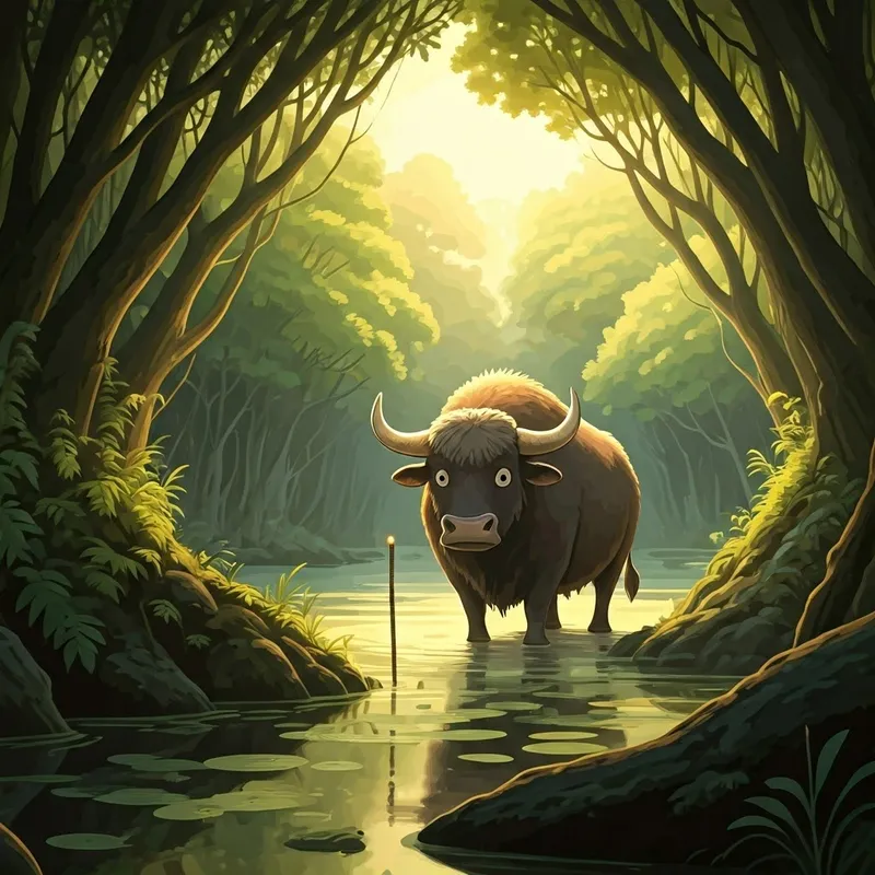 An ox looking confused at a swamp