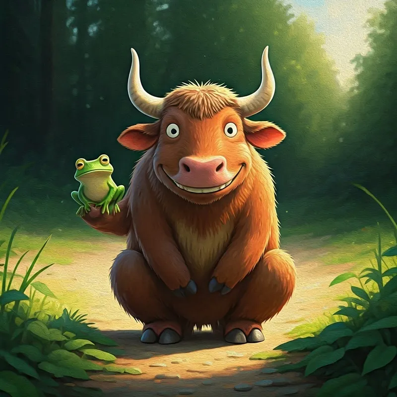 An ox and frog smiling at each other