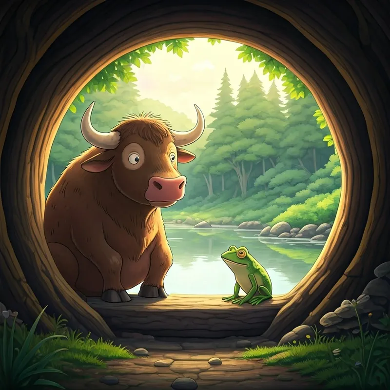 An ox and frog talking and laughing together