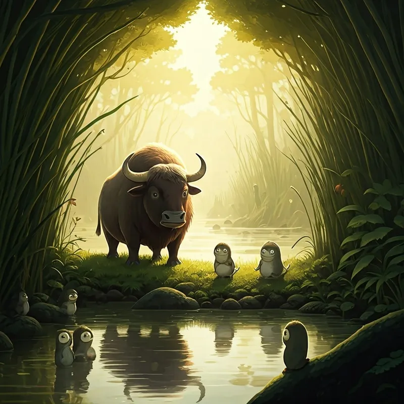 An ox and many swamp creatures playing together happily
