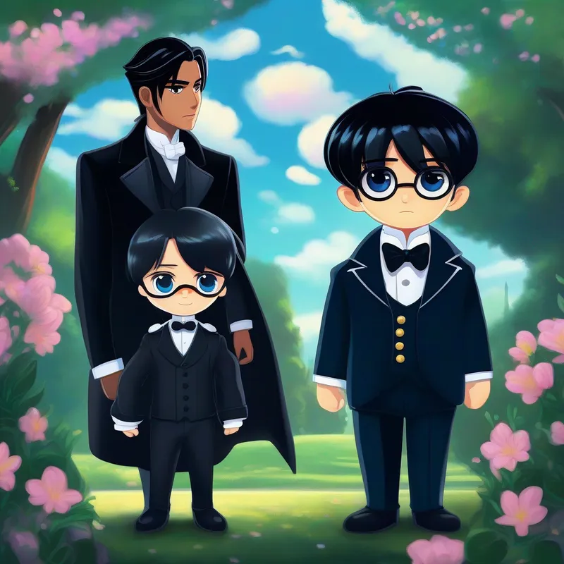 Ciel with a special eye patch and Sebastian with slick black hair and a formal butler outfit by his side