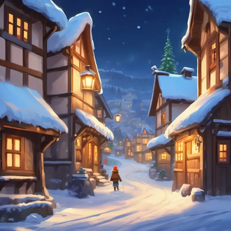 Introduction, snowy village, introducing Kind boy with blue eyes, fair skin