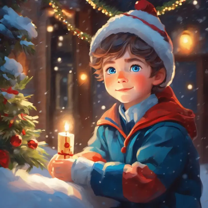 Kind boy with blue eyes, fair skin's love for Christmas and anticipation of snowfall