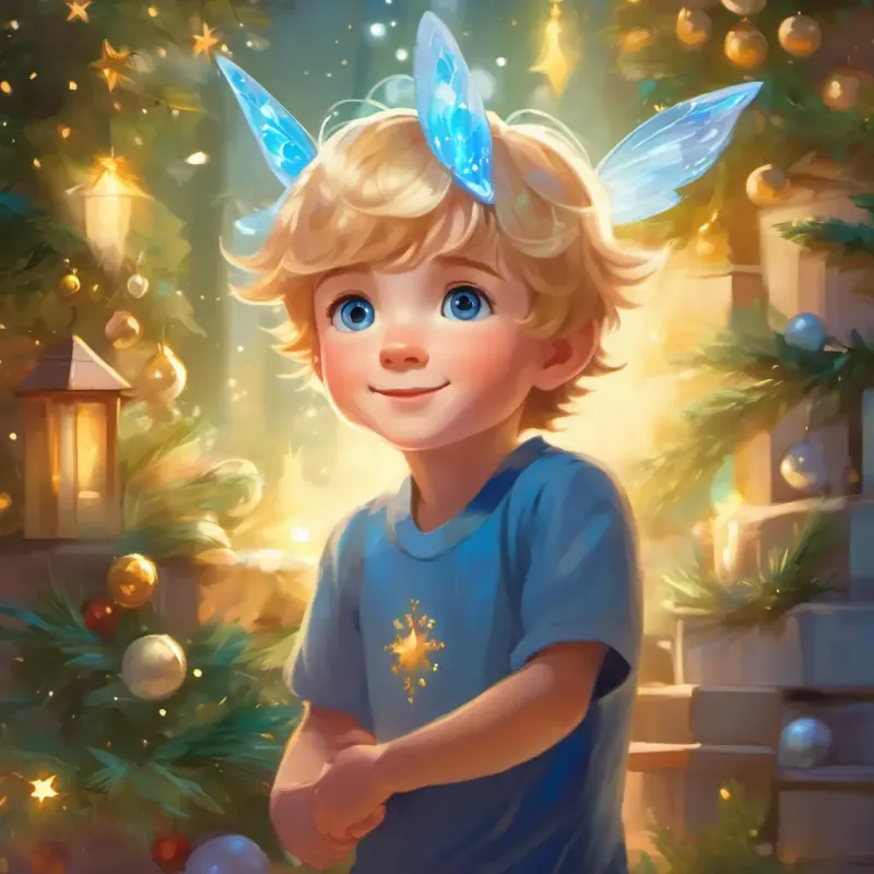 Kind boy with blue eyes, fair skin and Tiny fairy with golden hair, sparkling blue eyes becoming best friends and sharing Christmas magic