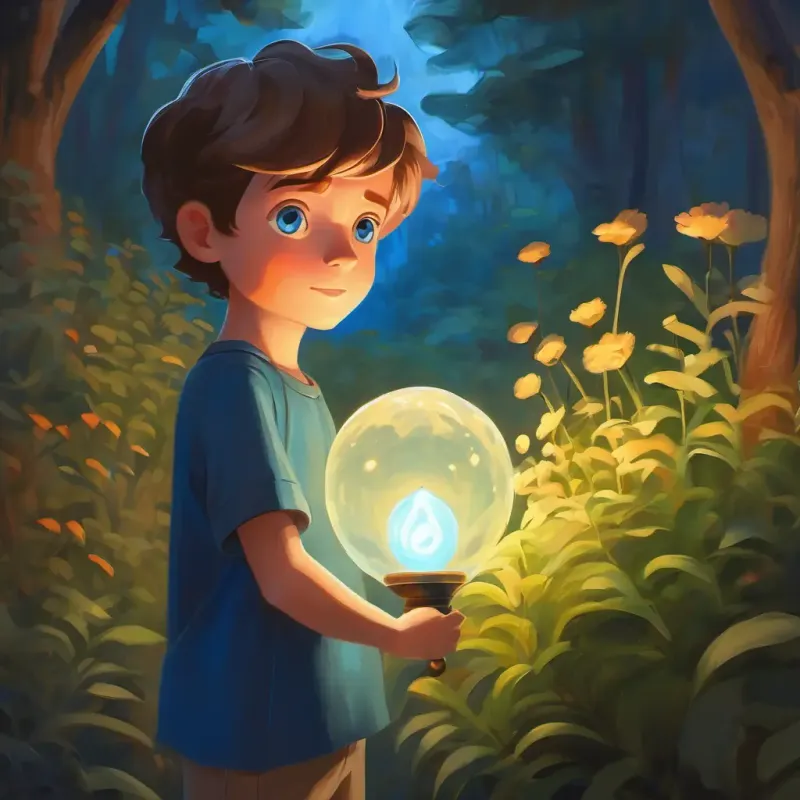 Kind boy with blue eyes, fair skin spotting a mysterious light and deciding to follow