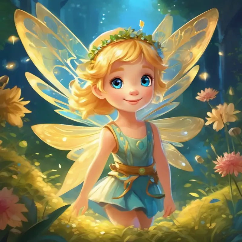 Introduction of Tiny fairy with golden hair, sparkling blue eyes, the friendly fairy