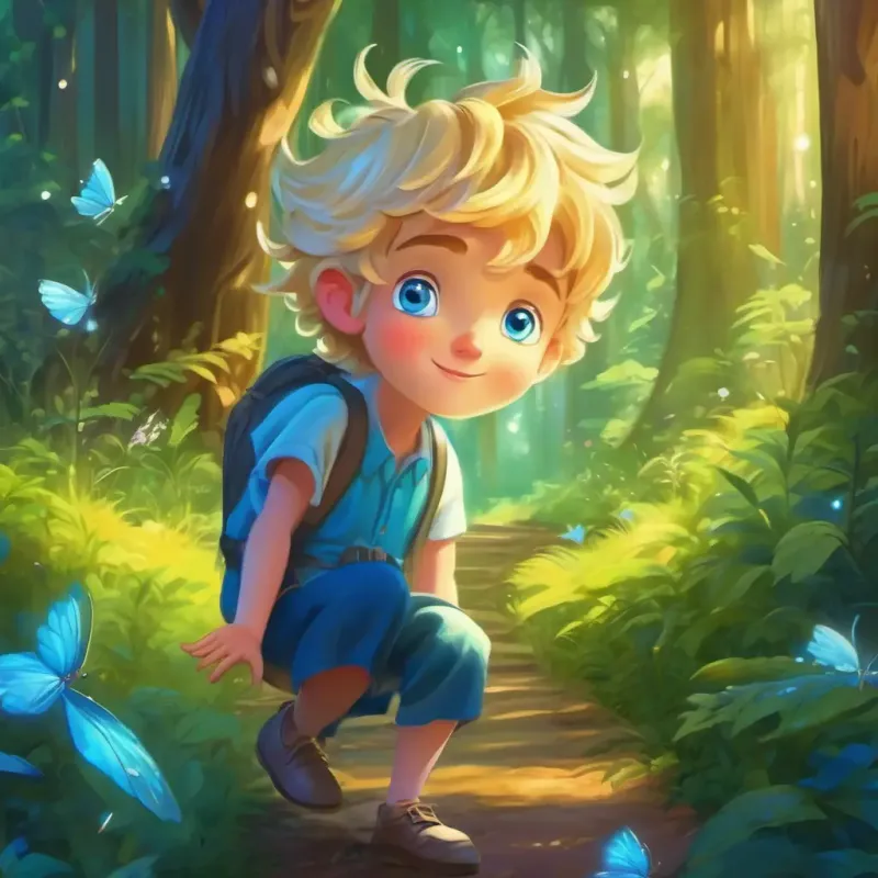 Kind boy with blue eyes, fair skin and Tiny fairy with golden hair, sparkling blue eyes embarking on a journey through the enchanted forest