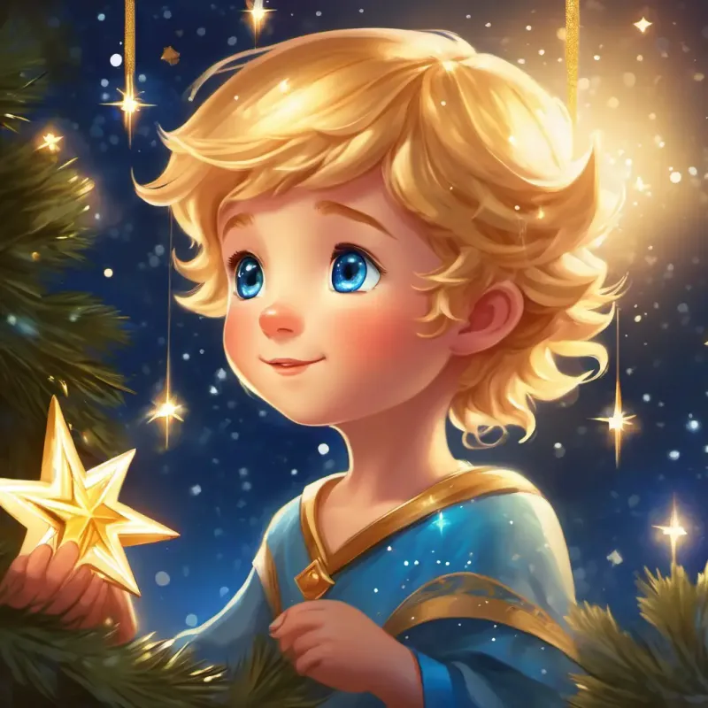 Using Tiny fairy with golden hair, sparkling blue eyes's magic and Kind boy with blue eyes, fair skin's kindness to restore the glow of the Christmas star