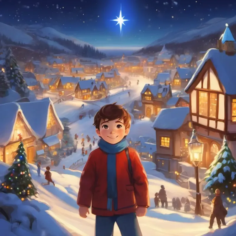 The village celebrating as the Christmas star shines brightly and fills Kind boy with blue eyes, fair skin's heart with joy